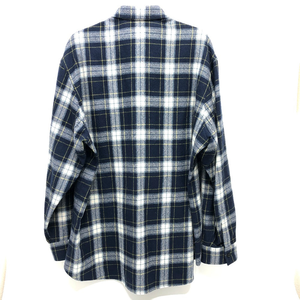 CELINE 2C555198O Checked Wool Loose Shirt, Men's Navy, Long Sleeve Wool Shirt