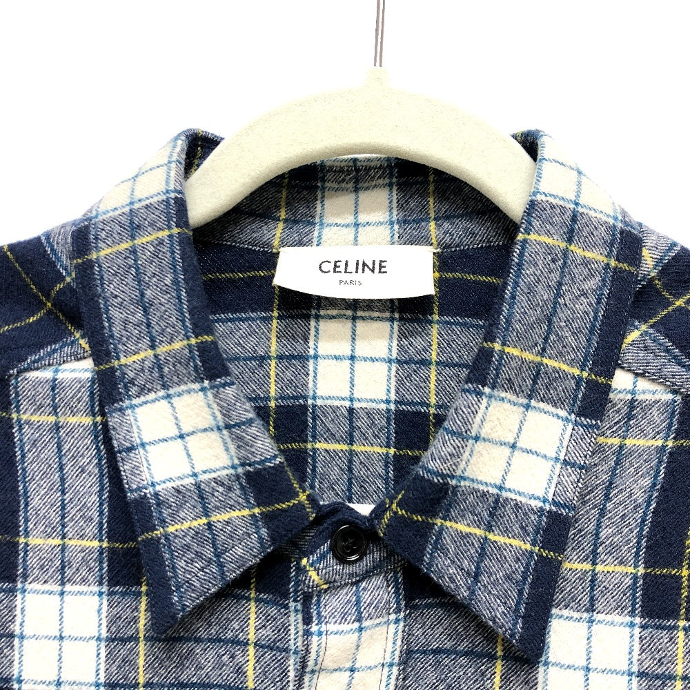 CELINE 2C555198O Checked Wool Loose Shirt, Men's Navy, Long Sleeve Wool Shirt