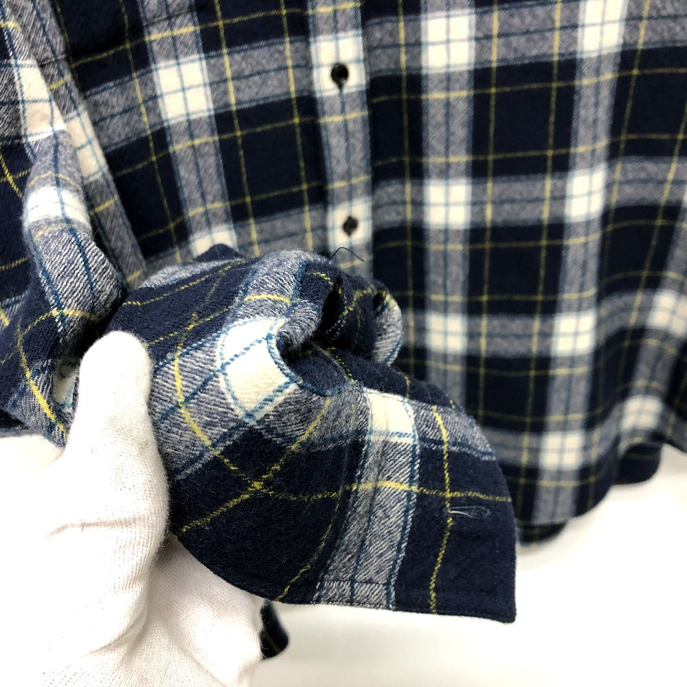 CELINE 2C555198O Checked Wool Loose Shirt, Men's Navy, Long Sleeve Wool Shirt