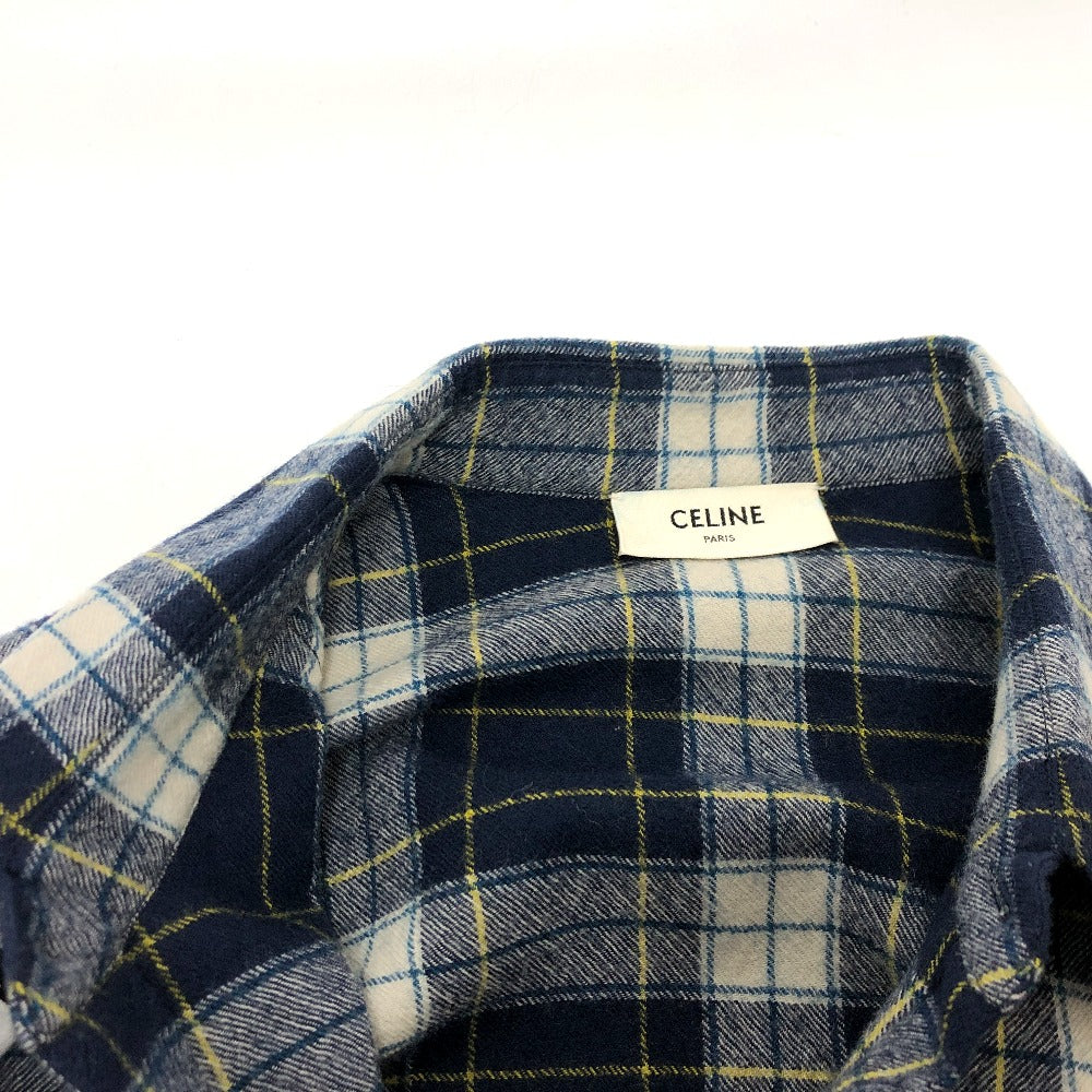 CELINE 2C555198O Checked Wool Loose Shirt, Men's Navy, Long Sleeve Wool Shirt