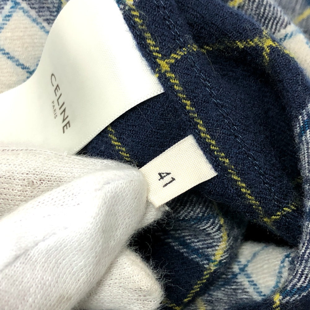 CELINE 2C555198O Checked Wool Loose Shirt, Men's Navy, Long Sleeve Wool Shirt