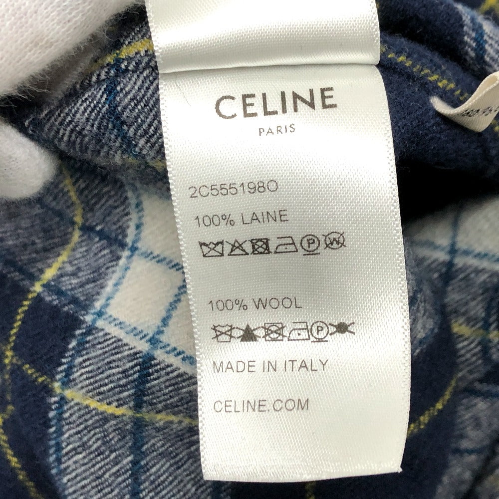 CELINE 2C555198O Checked Wool Loose Shirt, Men's Navy, Long Sleeve Wool Shirt