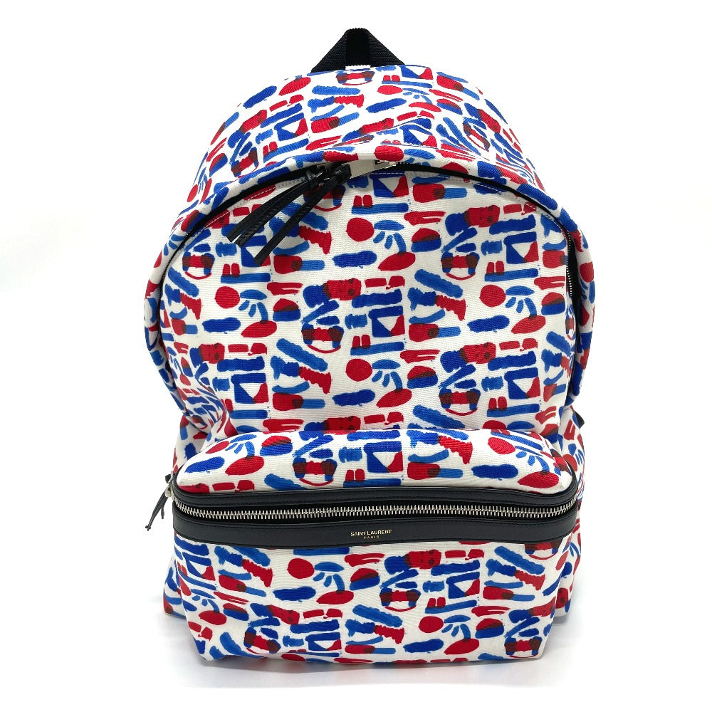 SAINT LAURENT PARIS 326865 Multi-Print Backpack in Leather and Canvas, Men's, White/Red/Blue