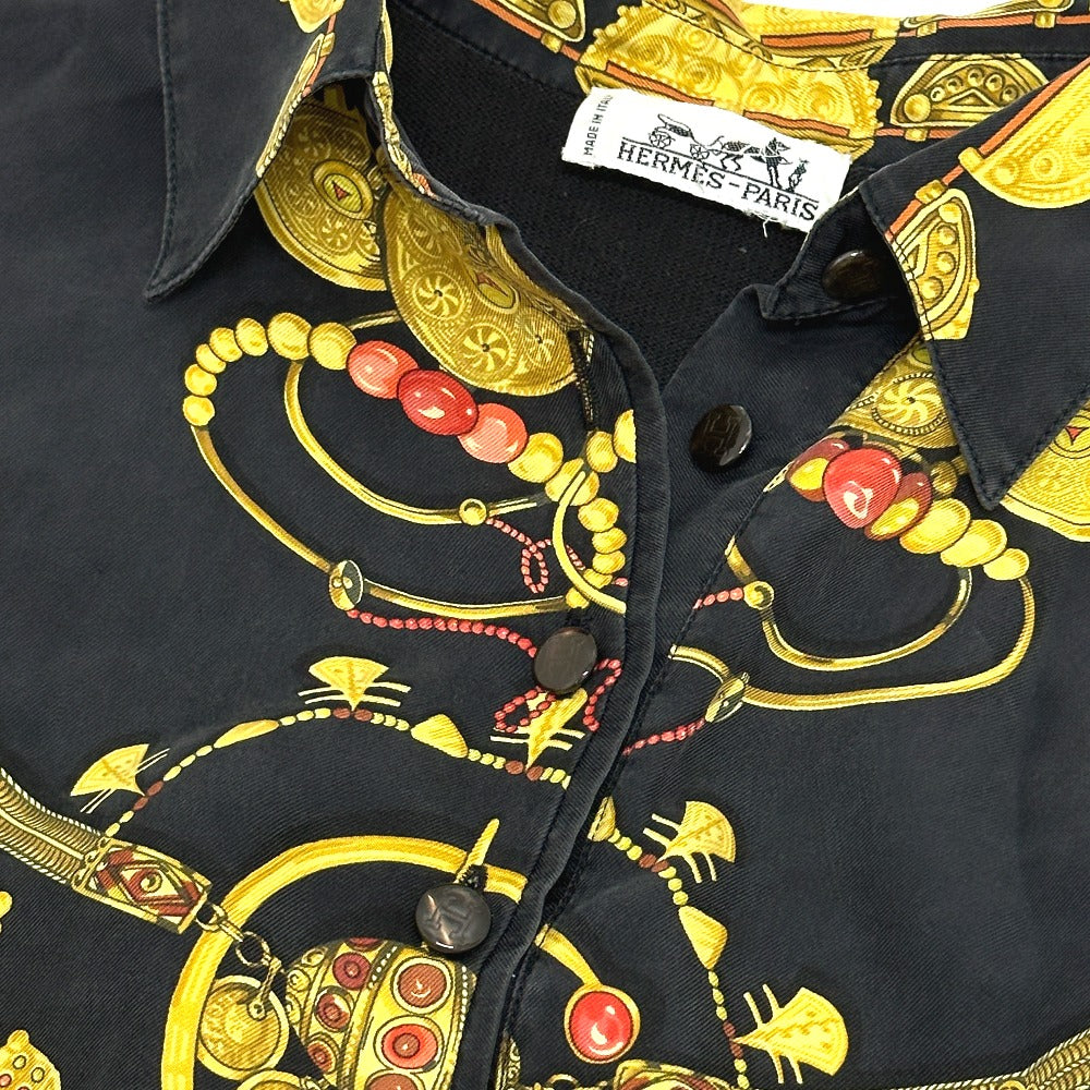 HERMES Vintage Twill Reine Apparel Long Sleeve Shirt, Silk, Women's, Black and Gold