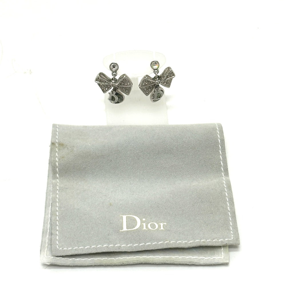 Christian Dior Ribbon Bijou Accessories Rhinestone Earrings Metal Women's Silver
