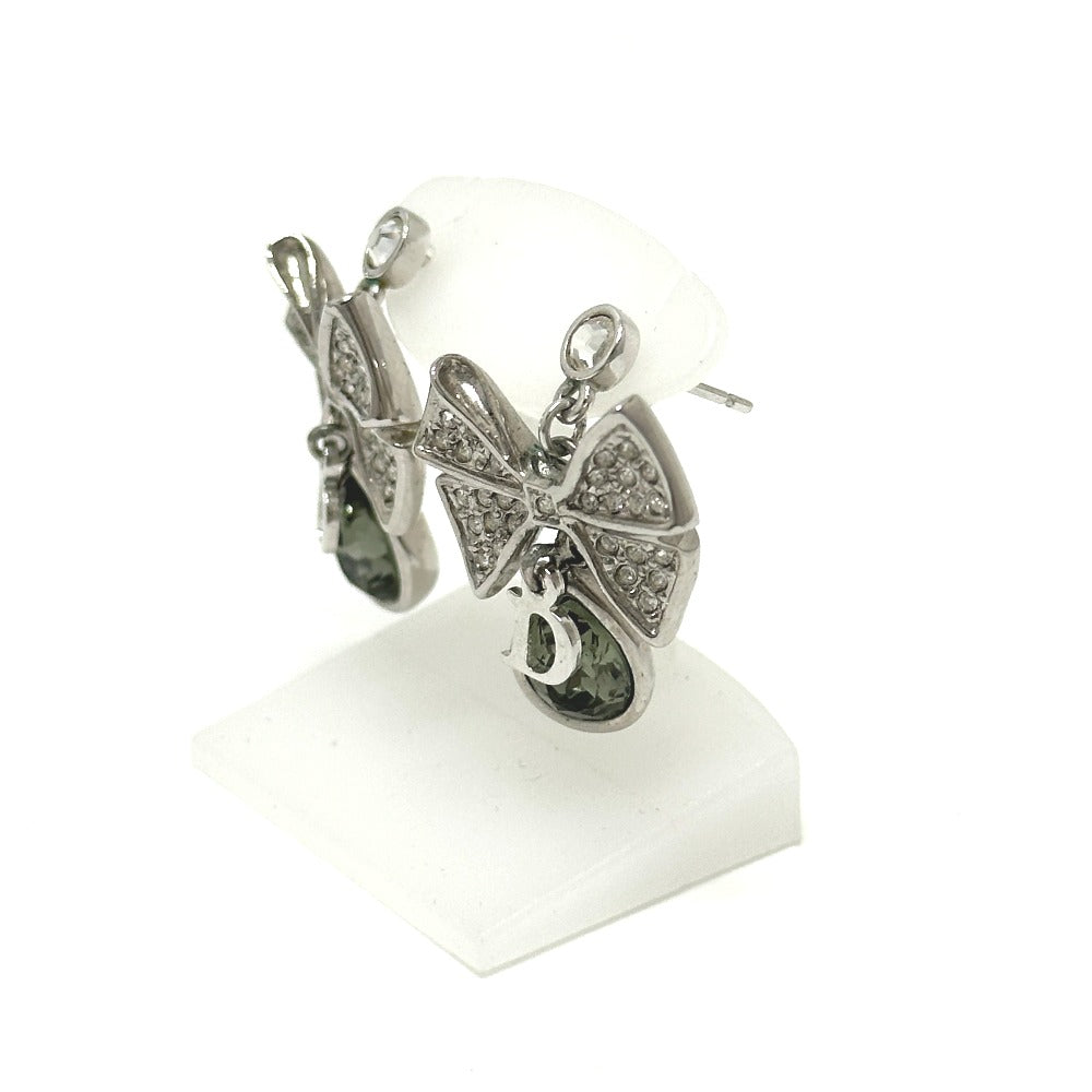 Christian Dior Ribbon Bijou Accessories Rhinestone Earrings Metal Women's Silver