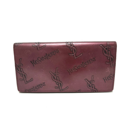 Yves Saint Laurent YSL Logo Seluruh Corak Dompet Long Bifold Bifold Clasp Long Wallet Wine Wine Wine Red