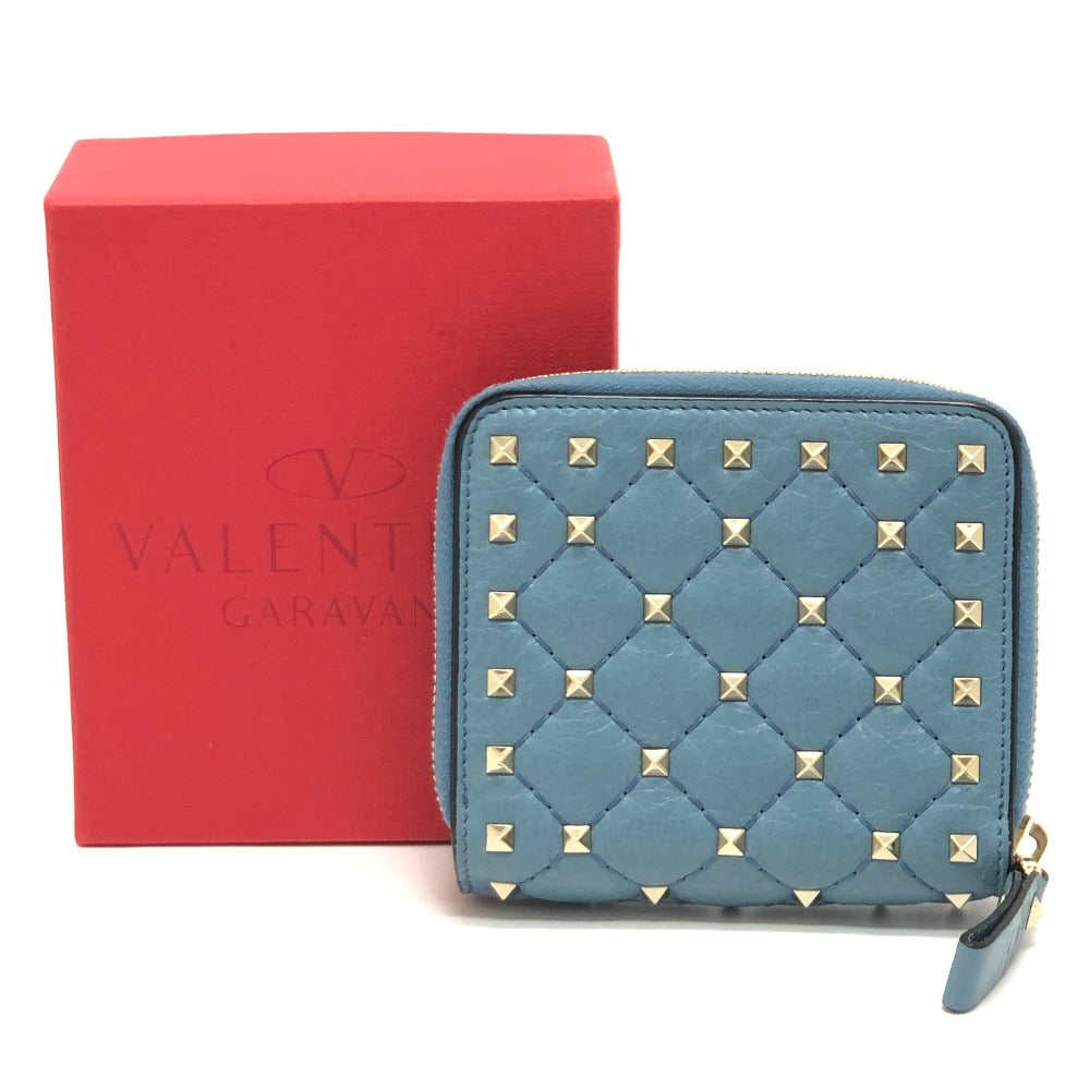 VALENTINO Quilted Rockstud Wallet Compact Wallet Bifold Wallet Leather Women's Blue