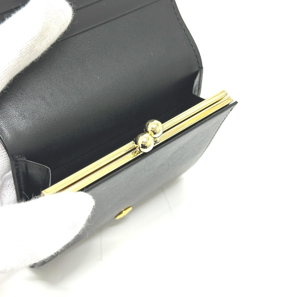 OMEGA ロゴ がま口 短財布 コンパクトウォレット ミニウォレット 2つ折り財布 レザー メンズ ブラック