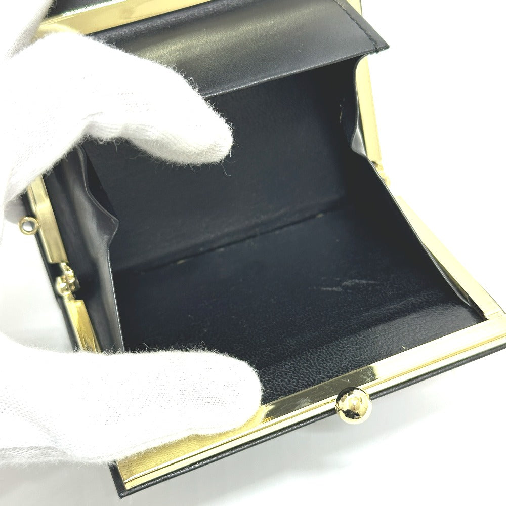 OMEGA ロゴ がま口 短財布 コンパクトウォレット ミニウォレット 2つ折り財布 レザー メンズ ブラック