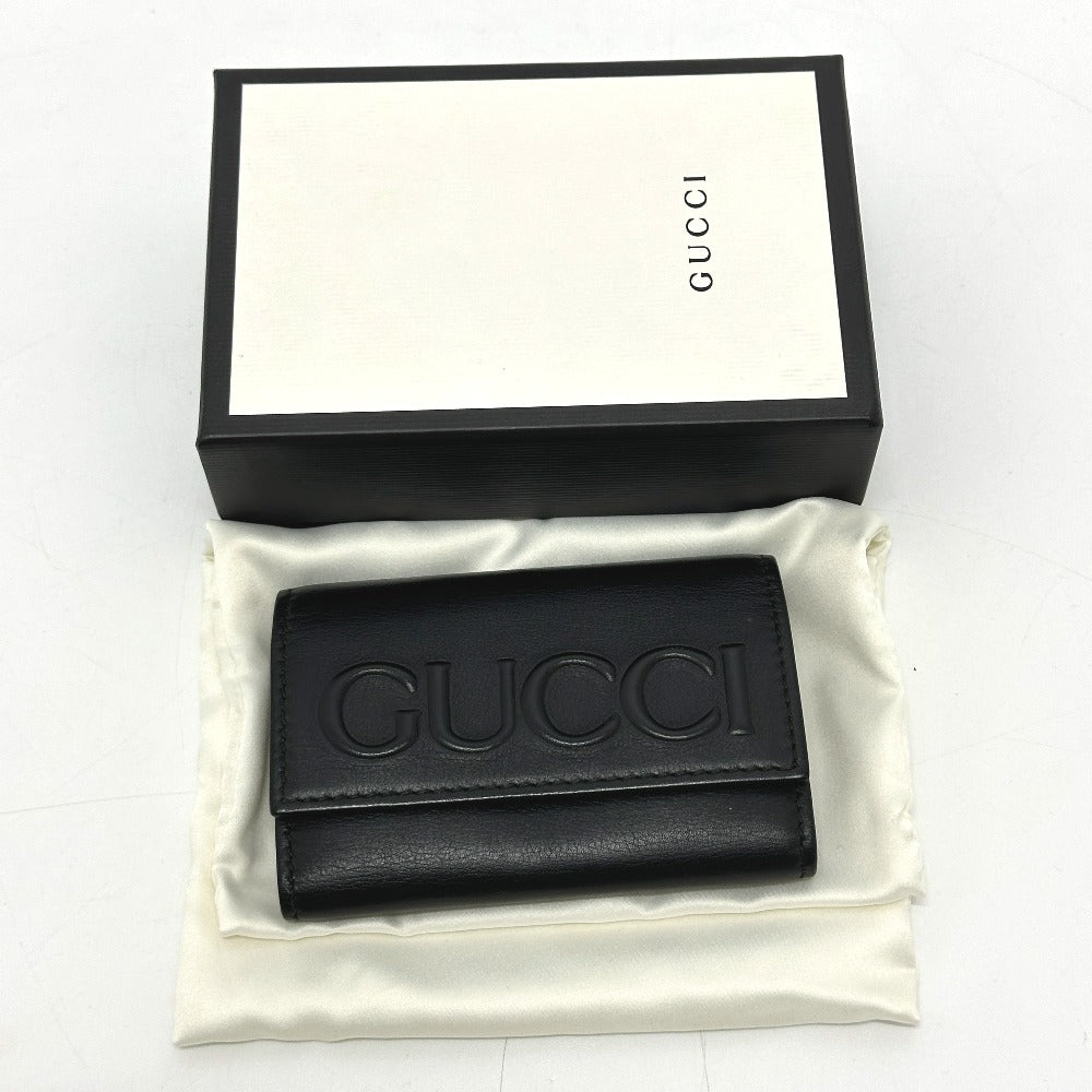 GUCCI 428781 Embossed Logo Keychain Key Ring 6-Key Case Leather Women's Black