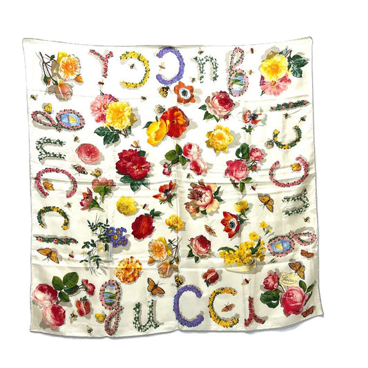 GUCCI Flora line Flowers Insects Fashion Accessories Apparel Floral Large Scarf Silk Women's Beige