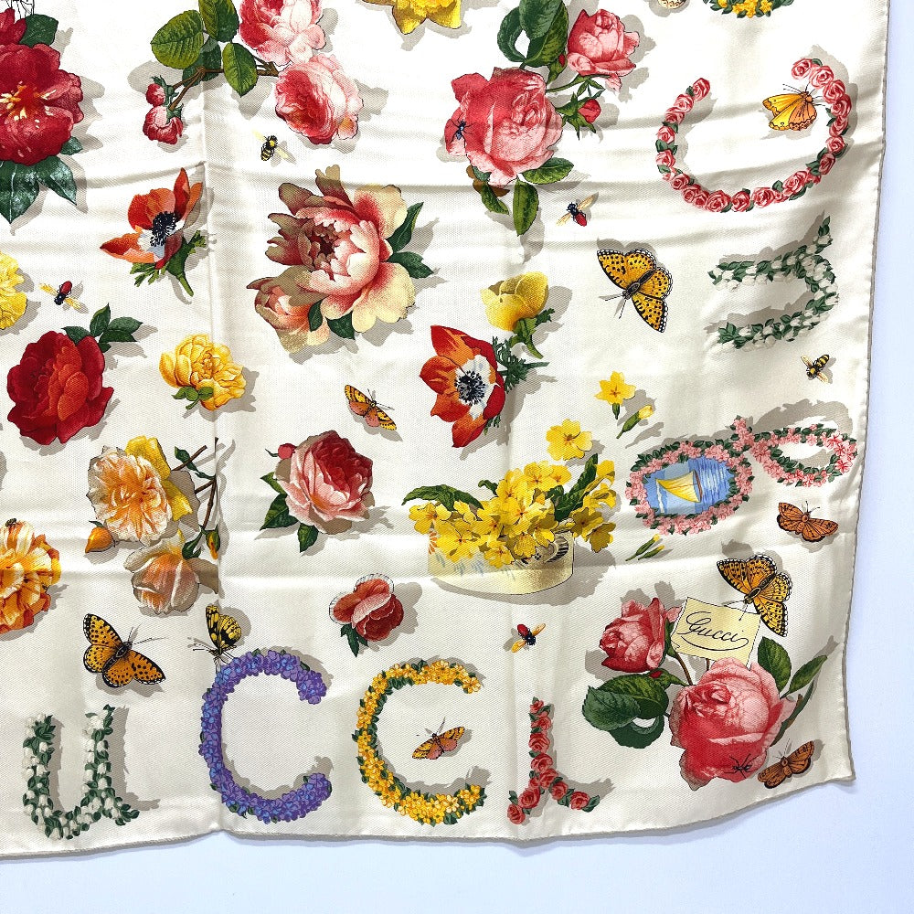 GUCCI フローラライン 花 昆虫 ファッション小物 アパレル 花柄 大判 スカーフ シルク レディース ベージュ