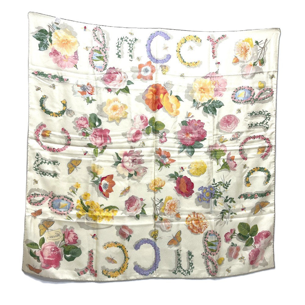 GUCCI フローラライン 花 昆虫 ファッション小物 アパレル 花柄 大判 スカーフ シルク レディース ベージュ