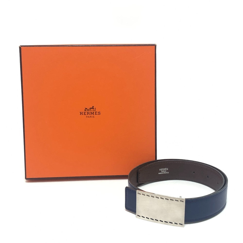 HERMES Stitched square buckle Reversible belt for bottoms. belt Bock Scarf / Epsom Blue x Brown Used