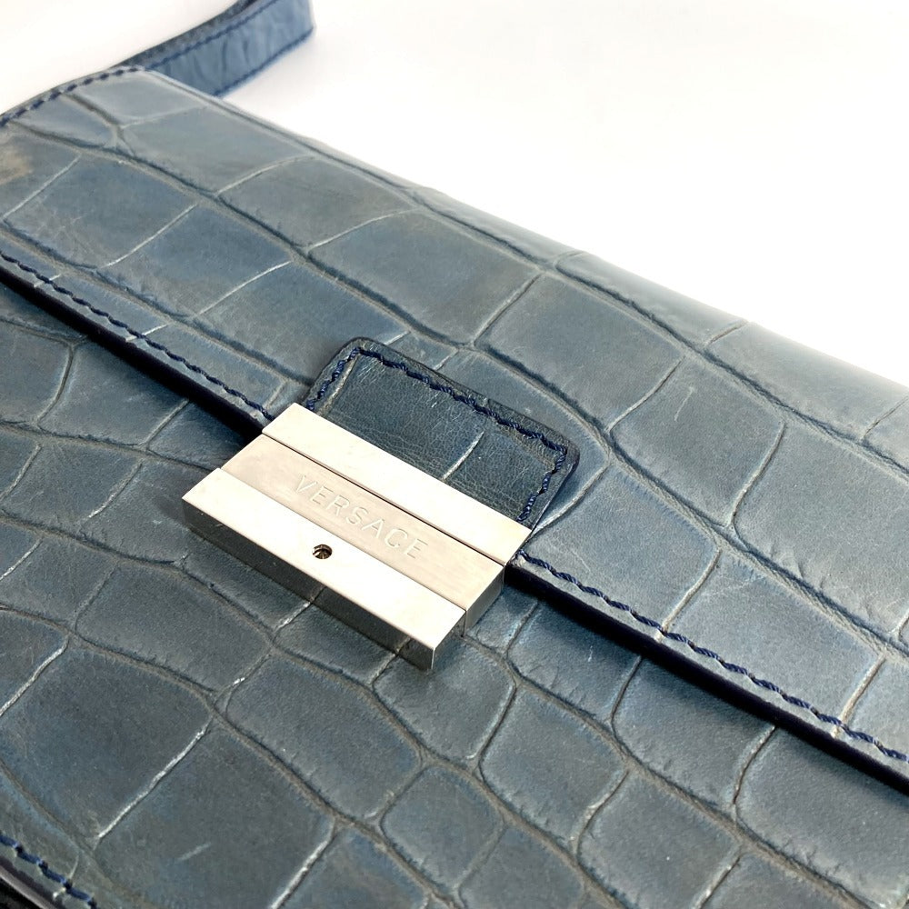 VERSACE ロゴ カバン セカンドバッグ ストラップ付き クラッチバッグ 型押しレザー ユニセックス ブルー
