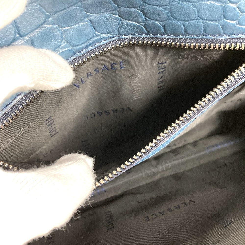 VERSACE ロゴ カバン セカンドバッグ ストラップ付き クラッチバッグ 型押しレザー ユニセックス ブルー