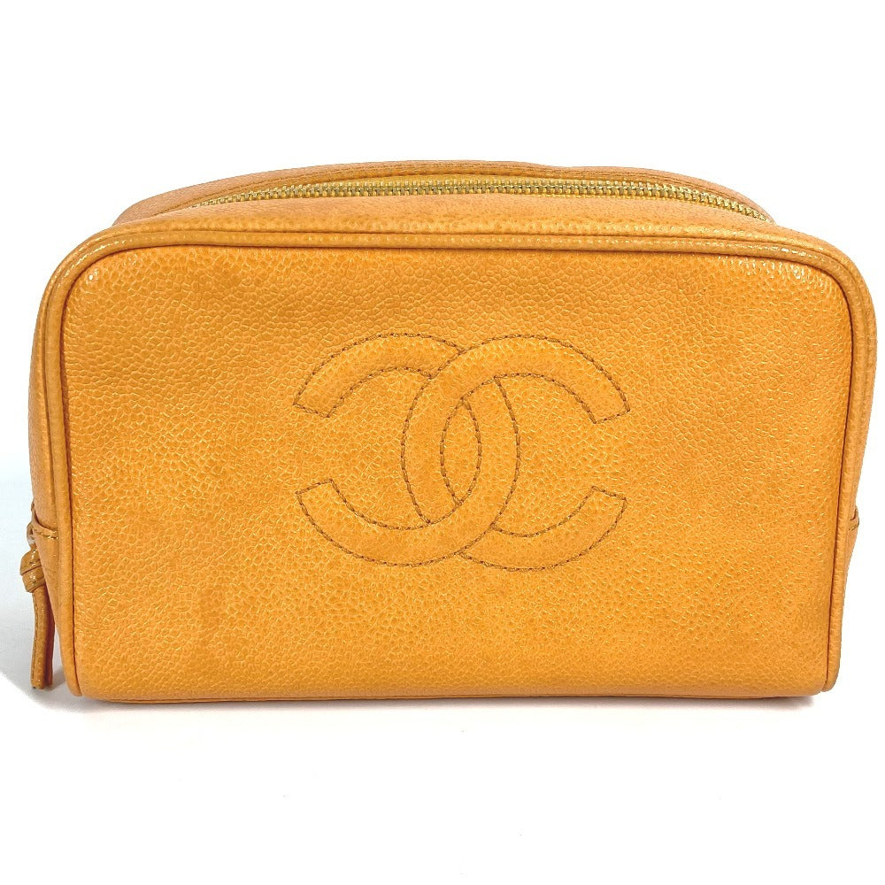 CHANEL Vintage CC Coco Mark Logo Second Bag Pouch Caviar Leather Women's Yellow