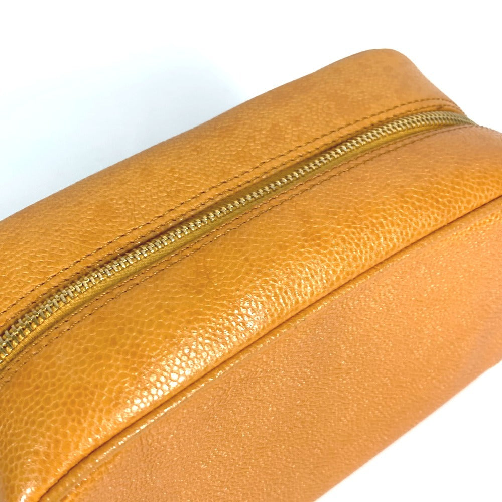 CHANEL Vintage CC Coco Mark Logo Second Bag Pouch Caviar Leather Women's Yellow