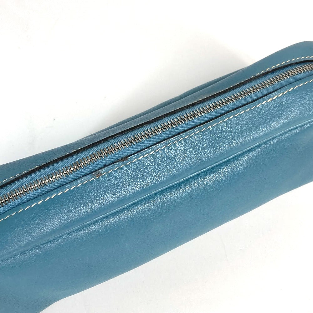 HERMES Pencil Case Stationery Pouch Pen Case Leather Women's Blue