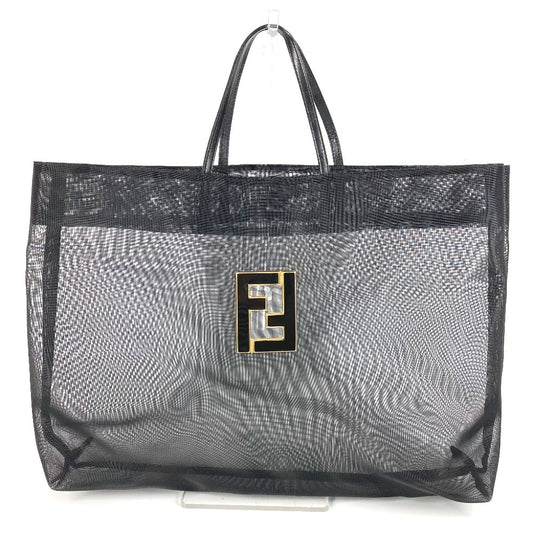 FENDI Mesh FF Logo Bag Tote Bag Handbag Leather/Nylon Unisex Black