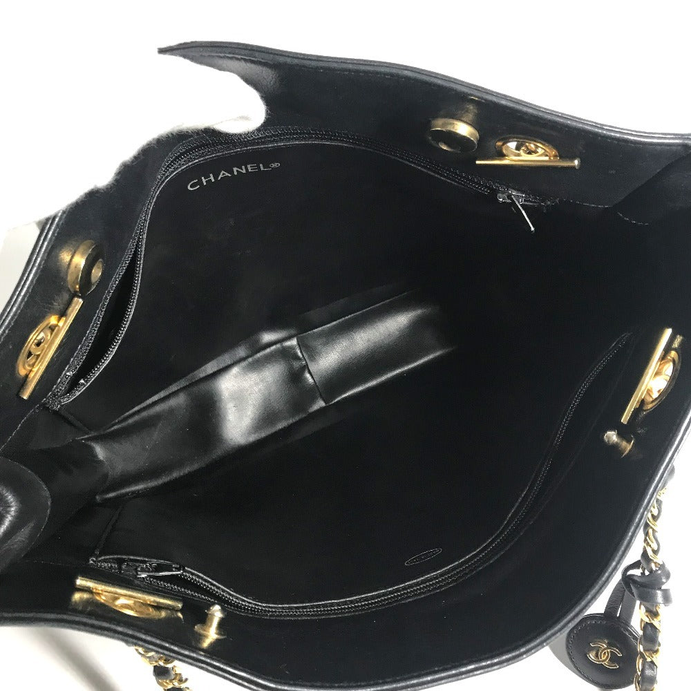 CHANEL 빈티지 마테라세 W 체인 토트 백 퀼팅 CC 코코 마크 로고 숄더백 숄더백 가죽 여성용 블랙