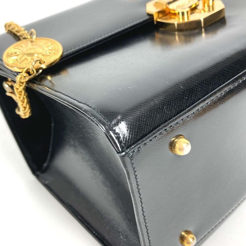 VERSACE ヴィンテージ サンバースト ロゴ バニティバッグ カバン フラップ チェーン ハンドバッグ レザー レディース ブラック