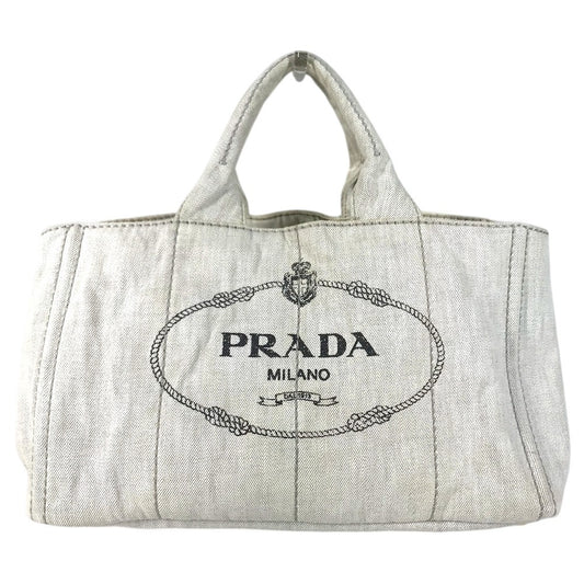 PRADA Canapa logo Bag Tote Bag Hand Bag cotton WhiteBased Used