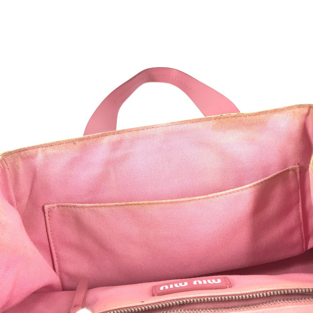 MIUMIU ロゴ Check Bag Tote Bag Hand Bag Leather/Canvas pink/White Used