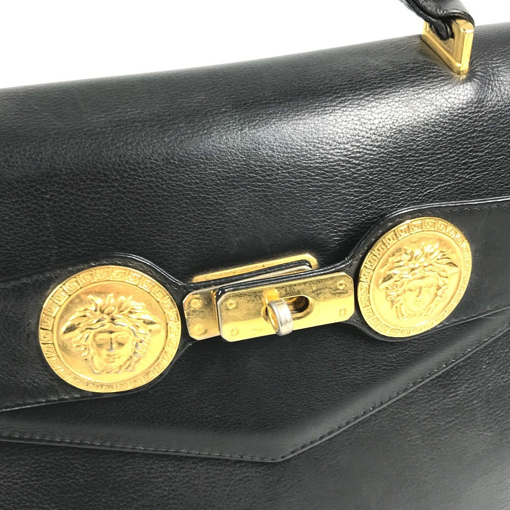 VERSACE vintage Logo Medusa Bag Flap Tote Bag Hand Bag Leather Black/Gold Used