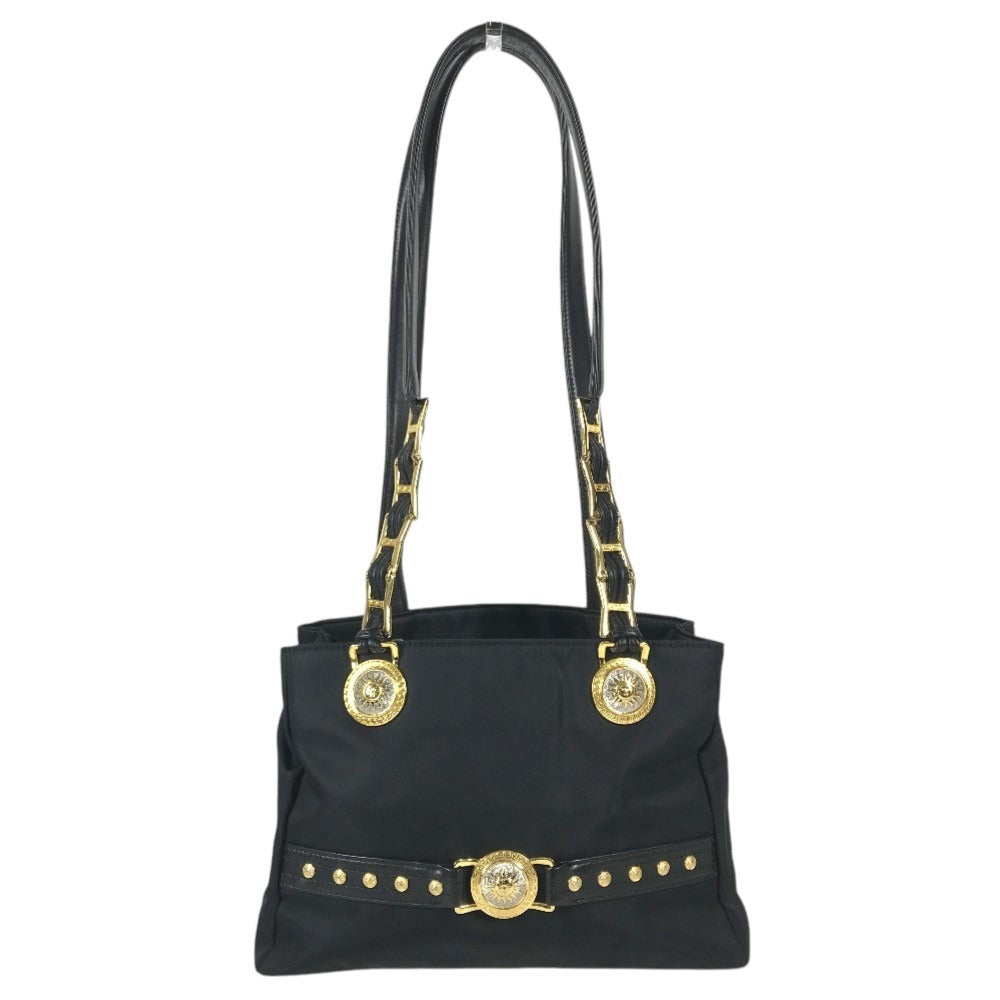 VERSACE vintage Logo Sunburst Chain Bag Shoulder Bag Tote Bag Double Chain Shoulder Bag Nylon / Leather Black/Gold Used