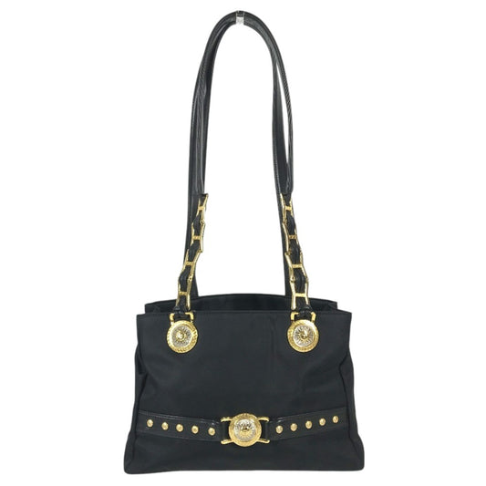VERSACE vintage Logo Sunburst Chain Bag Shoulder Bag Tote Bag Double Chain Shoulder Bag Nylon / Leather Black/Gold Used