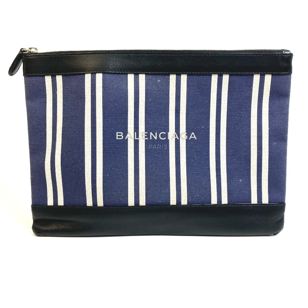 BALENCIAGA 420407 Stripe Logo Navy Clip M Large Pouch/Clutch Bag in Canvas/Leather, Unisex, Navy and Black