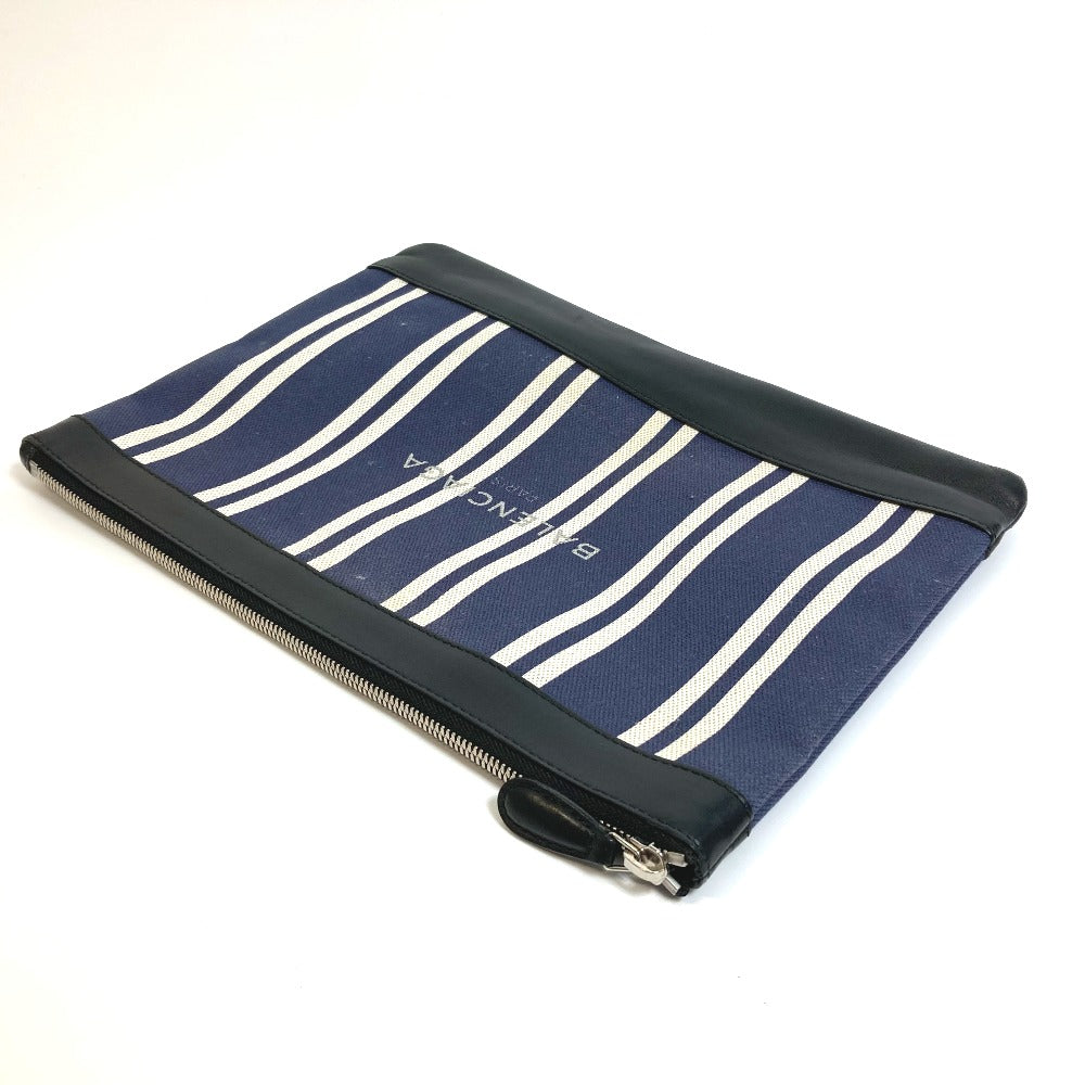 BALENCIAGA 420407 Stripe Logo Navy Clip M Large Pouch/Clutch Bag in Canvas/Leather, Unisex, Navy and Black