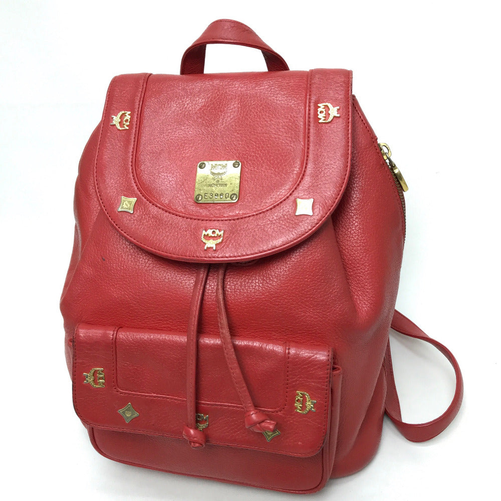 MCM Town Backpack with Logo Plate, Perfect for Town Use, Leather Backpack, Women's, Red