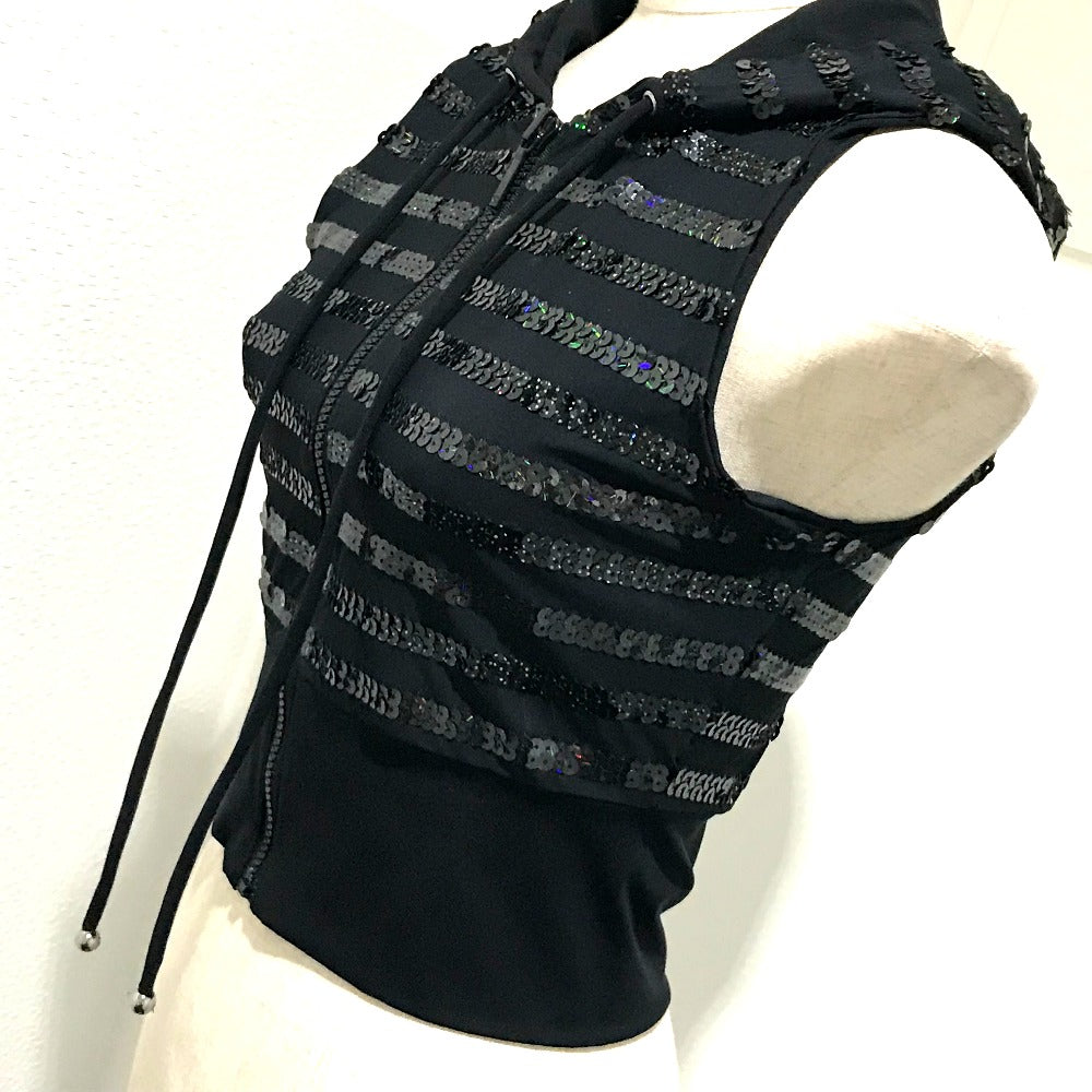 CHANEL 19C Zip-Up Hooded Vest with Sequins, Women's, Black