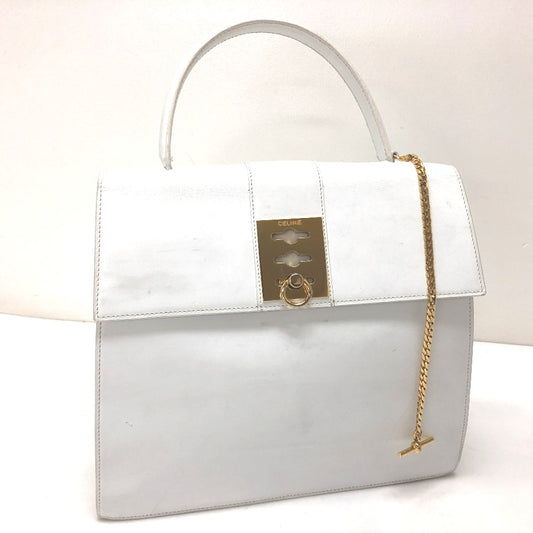 CELINE Vintage Chain Lock Tote Bag, Leather Handbag, Women's, White