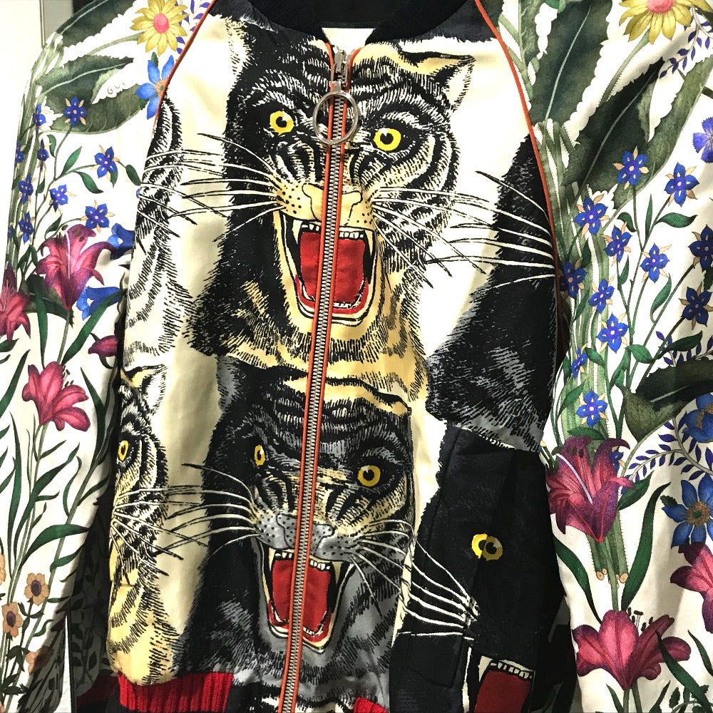 GUCCI 476247 Tiger Print Bomber Jacket, Floral Print, Outerwear, Tag Included, Silk Blouson, Women's, Multicolor, White x Multicolor
