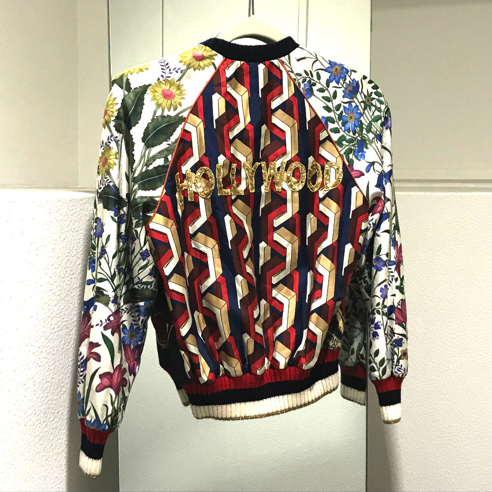 GUCCI 476247 Tiger Print Bomber Jacket, Floral Print, Outerwear, Tag Included, Silk Blouson, Women's, Multicolor, White x Multicolor