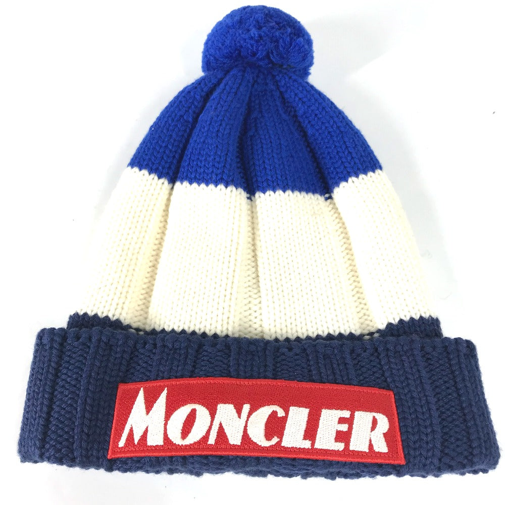 MONCLER ポンポン付き ロゴ ボーダー ビーニー 帽子 ニット帽 ニットキャップ ニット帽 ウール レディース - brandshop-reference