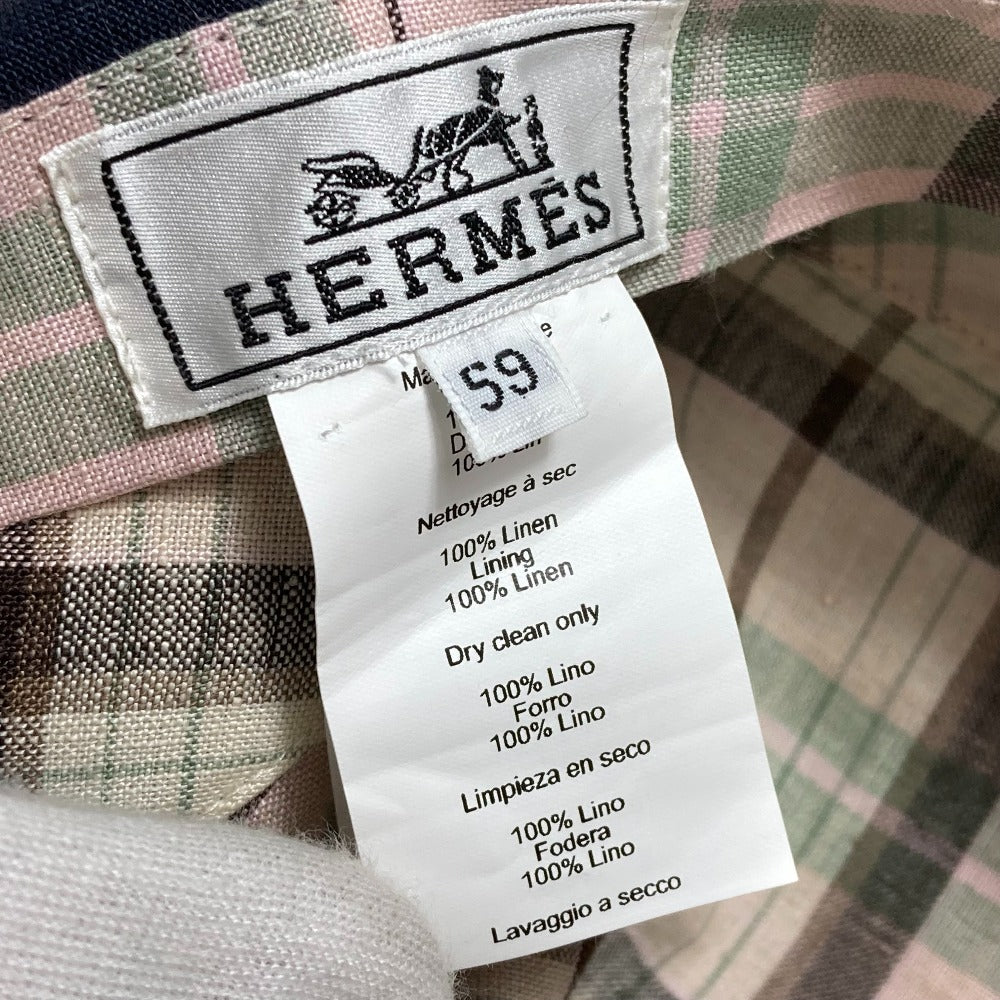 HERMES 帽子 内張りチェック柄 キャスケット リネン レディース